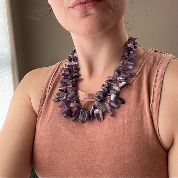 Amethyst statement silver necklace raw gemstone free form shard double strand - Picture 4 of 6